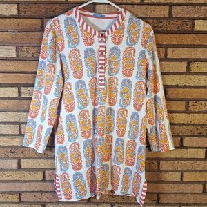 J.McLaughlin XL Catalina Henley Tunic Orange Paisley Stretch Knit 3/4 Sleeve